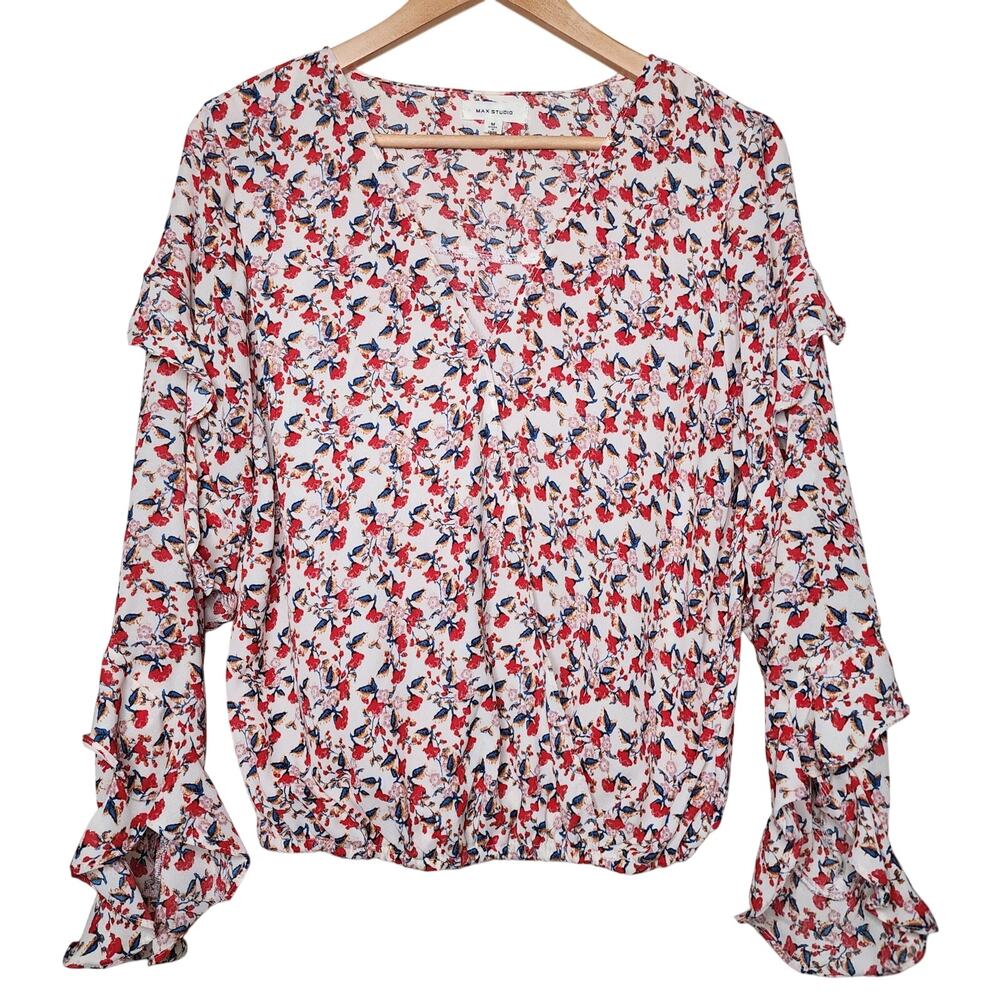 🌻3 for $18 Max Studio Red Floral Ruffle Sleeve Blouse Size Medium